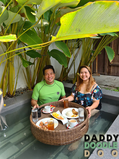 Me and my wife having a floating breakfast in the small pool in Fabrika Villas.